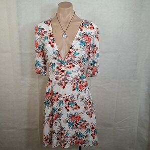 Honey Belle Cream w/ Orange & Teal Floral Print Bell Sleeved Dress Junior's Sz L